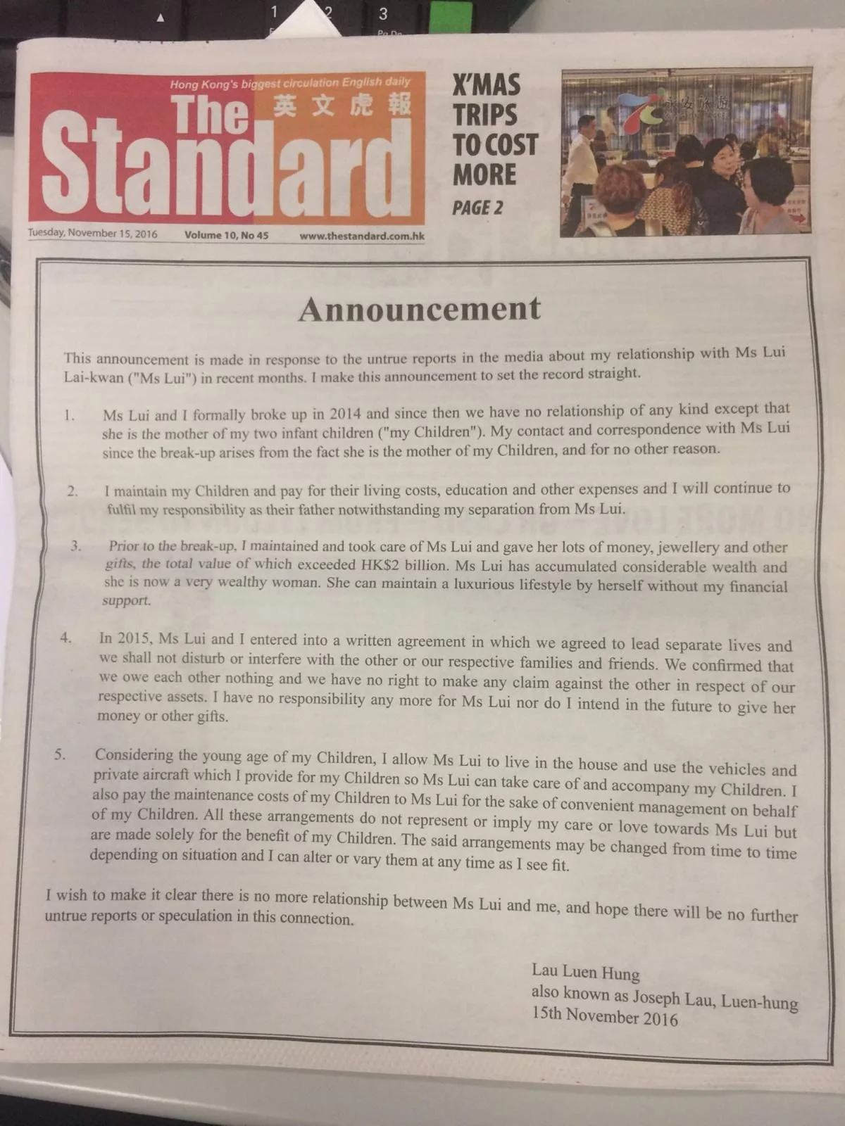 8yrs ago joseph lau bought the front page of-the hk standard